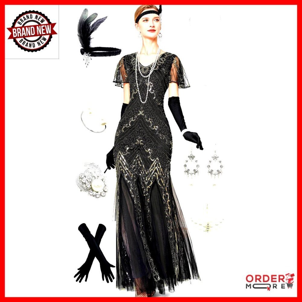 Sequin Mermaid Maxi Dress with Gatsby Accessories Set for Prom Wedding